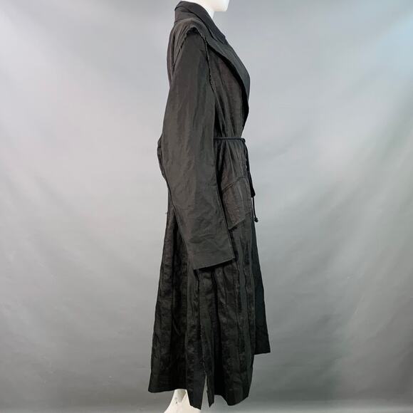 Size S Black Linen Blend Stripe Layered Double Breasted Trench Coat - Picture 4 of 9